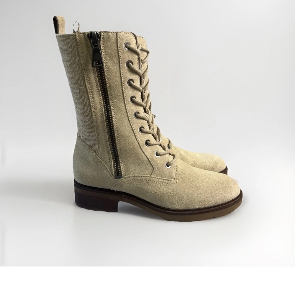 27 Edit Naturalizer Suede Combat Boots Womens 8 Beige Lace Up Side Zip Lug Sole
